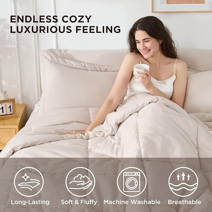 7 Pieces Queen Comforter Set - Utral Soft Microfiber Bedding Set, Thick Duvet Insert Bed in a Bag Without Rustling Noise for All Season, Beige (88"x88")