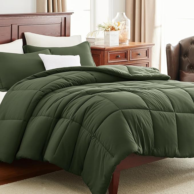 CozyLux King Comforter Set - Olive Green Comforter King Size, 3 Pieces Box Stitched Bed Set for All Seasons, Soft Lightweight Bedding Sets with 1 Down Alternative Comforter and 2 Pillow Shams
