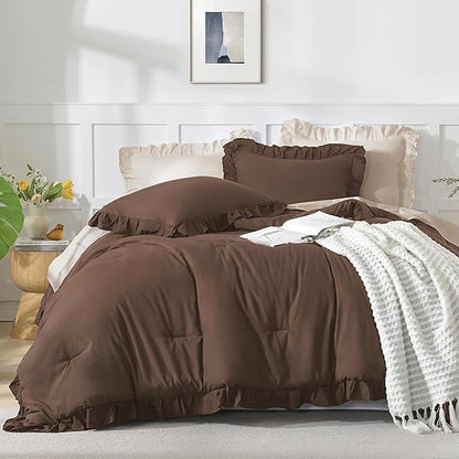 Andency Brown Comforter Twin Size, 2 Pieces Solid Farmhouse Shabby Chic Ruffle Bedding Comforters & Sets, All Season Soft Lightweight Fluffy Bed Set for Kids Girls Teens