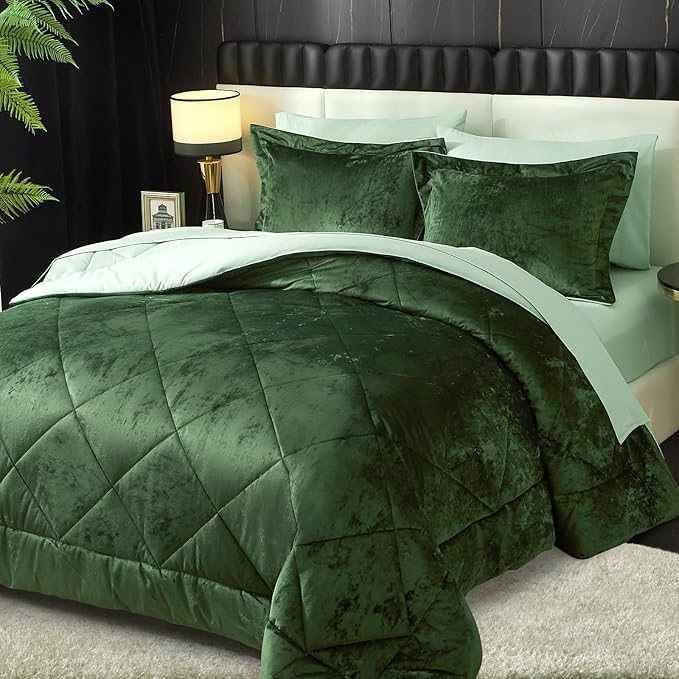 Ivellow Queen Comforter Set 7 Pieces Bed in a Bag Crushed Velvet Comforter Set Flannel Queen Green Comforter Ultra Soft Breathable Luxury Soft Warm Winter Bedding Set with Sheets, Pillowcases & Shams