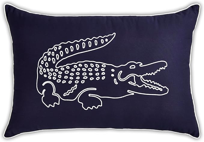 Lacoste Big Croc Decorative Pillow – 16" x 24" Throw Pillow for Bed Sofa Couch, Embroidered Crocodile Logo, 100% Brushed Twill Cotton Cover Fabric, Machine Washable, Navy