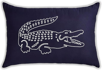 Lacoste Big Croc Decorative Pillow – 16" x 24" Throw Pillow for Bed Sofa Couch, Embroidered Crocodile Logo, 100% Brushed Twill Cotton Cover Fabric, Machine Washable, Navy