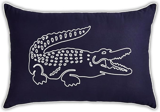 Lacoste Big Croc Decorative Pillow – 16" x 24" Throw Pillow for Bed Sofa Couch, Embroidered Crocodile Logo, 100% Brushed Twill Cotton Cover Fabric, Machine Washable, Navy