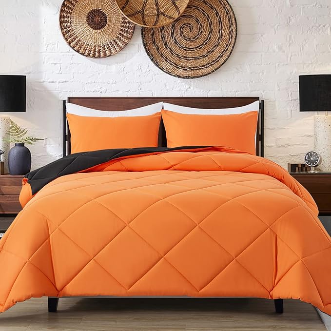 Decroom Lightweight Twin Comforter Set with 1 Pillow Sham - 2 Pieces Set - Quilted Down Alternative Comforter/Duvet Insert for All Season - Orange/Black - Twin/Twin XL Size