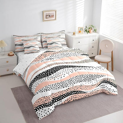 Geometric Wave Bedding King Size 7-Piece Girls Black White Pink Comforter Set, Black Polka Dots Bedding Comforter Sets Modern Abstract Art Bed in a Bag, Vintage Minimalist Bedding Accessories