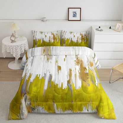 Erosebridal Yellow Bedding Full Gradient Brush Marks Comforter Set, Watercolor Stripe Aesthetic Down Comforter Abstract Ombre Bedding Comforter Sets, Chic Vintage Contemporary Duvet Insert 3pcs