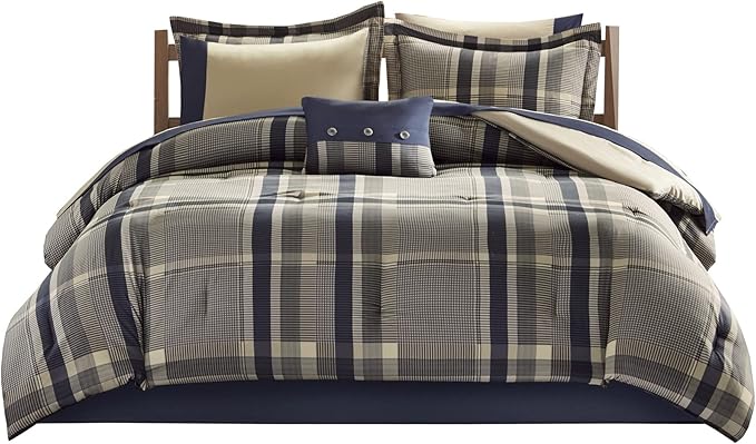 Intelligent Design Robbie 7-Piece Twin XL Comforter Set – Lightweight All-Season Plaid Bedding, Navy/Tan, Cozy Bed-in-a-Bag with Matching Shams & Decorative Pillow, Modern Casual Style