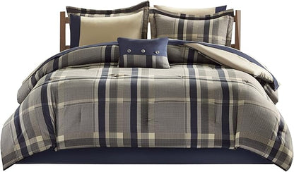 Intelligent Design Robbie 9-Piece Full Comforter Set – Lightweight All-Season Plaid Bedding, Navy/Tan, Cozy Bed-in-a-Bag with Matching Shams & Decorative Pillow, Modern Casual Style