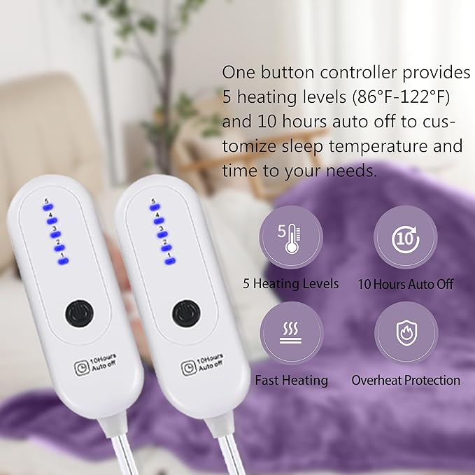 Electric Heated Blanket, 3D Pattern Design, Queen Size Heated Blanket Soft Warming Plush Electric Blanket Sherpa with 5 Heating Levels & 10 Hours Auto Off, Machine Washable, Lavender Violet