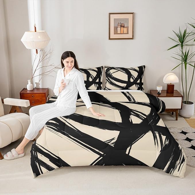 Erosebridal Black and Beige Abstarct Queen Comforter Set for Adult Women Men, Geometric Striped Bedding Set for Minimalists,Graffiti Aesthetic Lines Quilt,Contemporary Boho Modern Art Duvet Insert