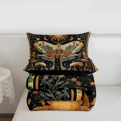 Erosebridal Mystical Luna Moth King Size Comforter Set, Halloween Moth Mushroom Bedding Set, Bohemia Floral Black Comforter for Teens Women Men for Boho Room Decor, Vintage Aesthetic Quilt