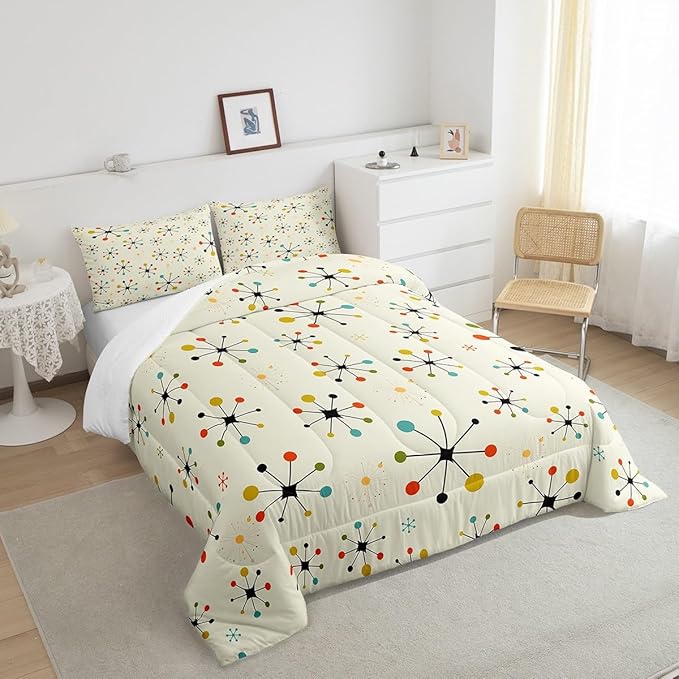 Erosebridal Modern Mid Century Bedding King Retro Atomic Comforter Set, Rainbow Grid Duvet Insert Vintage Fifties 1950s Down Comforter, Aesthetic Abstract Art Bedding Comforter Sets Beige 3pcs