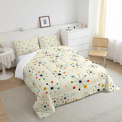 Erosebridal Modern Mid Century Comforter Set Queen Retro Atomic Bedding Set, Rainbow Grid Bedding Comforter Sets Vintage Fifties 1950s Duvet Set, Aesthetic Abstract Art Quilted Comforter Beige 3pcs