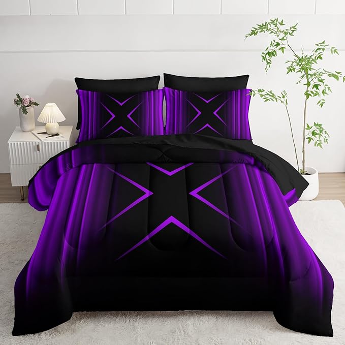 Purple and Black Geometric Comforter Set King Size 7Pieces,3D Abstract Mordern Printed Bedding Set for Adults,Geometric Mordern Decor All Seasons with Pillowcases,Flat, Fitted Sheet