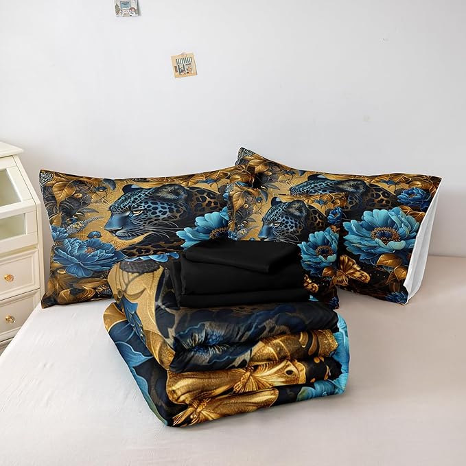 Black Gold Comforter Set Leopard Animal Bedding Set Blue Floral Brown Leopard Print Black and Blue Comforter Forest Theme Vintage Retro Black Bed in A Bag Queen