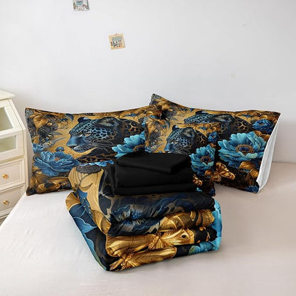 Black Gold Comforter Set Leopard Animal Bedding Set Blue Floral Brown Leopard Print Black and Blue Comforter Forest Theme Vintage Retro Black Bed in A Bag King