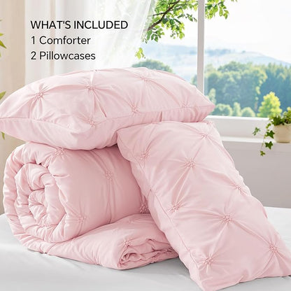BEDELITE Baby Pink Queen Comforter Set - 3 Pieces Boho Pintuck Bedding Comforter Sets, Lightweight Soft & Warm Bed Comforter Queen with 2 Pillowcases for All Season
