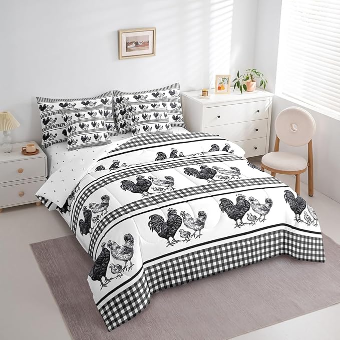 Erosebridal 7 Pcs Rooster Comforter Set Full Size,Farmhouse Animal Bed in a Bag with Flat Sheet and Fitted Sheet for Kids and Adults,Rustic Chick Family Bedding Set with Pillowcases and Cushion Cases