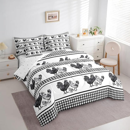 Erosebridal 7 Pcs Rooster Comforter Set Full Size,Farmhouse Animal Bed in a Bag with Flat Sheet and Fitted Sheet for Kids and Adults,Rustic Chick Family Bedding Set with Pillowcases and Cushion Cases