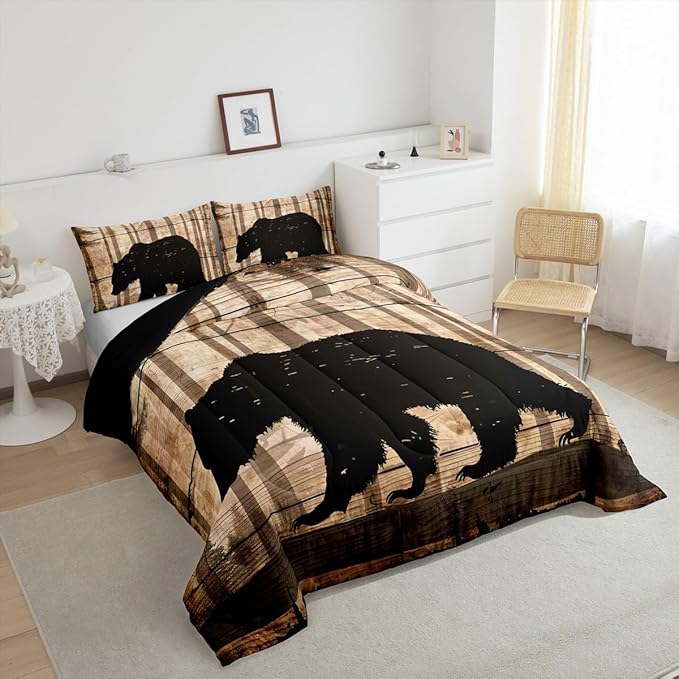 Feelyou Western Rustic Bear Comforter Set Queen, Wildlife Hunting Quilt Set with 2 Pillowcases, Forest Animal Hunting Bedding Set 3pcs Kids Boys Teens Room Decor, Wooden Board Farmhouse Duvet Insert