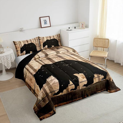 Feelyou Western Rustic Bear Comforter Set Toddler, Wildlife Hunting Quilt Set with 1 Pillowcases, Forest Animal Hunting Bedding Set 2pcs Kids Boys Teens Room Decor, Wooden Board Farmhouse Duvet Insert