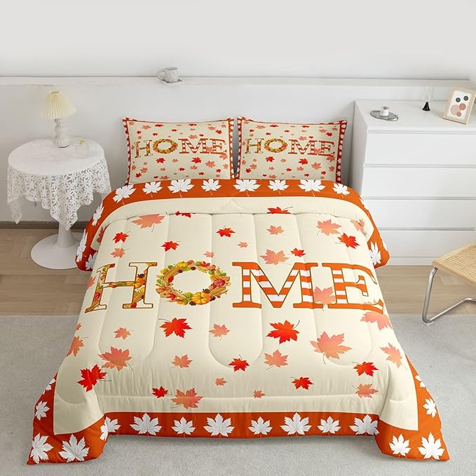 Fall Decor For Bedroom,Maple Leaf Pumpkin Wreaths Comforter Set King Fall Thanksgiving Quilt Bedding Sets For Home,Rustic Farmhouse Comforter Soft Lightweight For All Season Orange 2 Pillow Cases