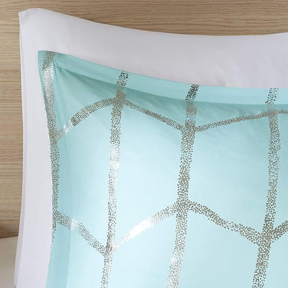Intelligent Design Raina King / Cal King Comforter Set, Soft Microfiber Comforter Set King, Modern Geometric Metallic Bed Set, 5 Pieces College Bedding Comforter Set with 2 Shams, 2 Toss Pillows Aqua