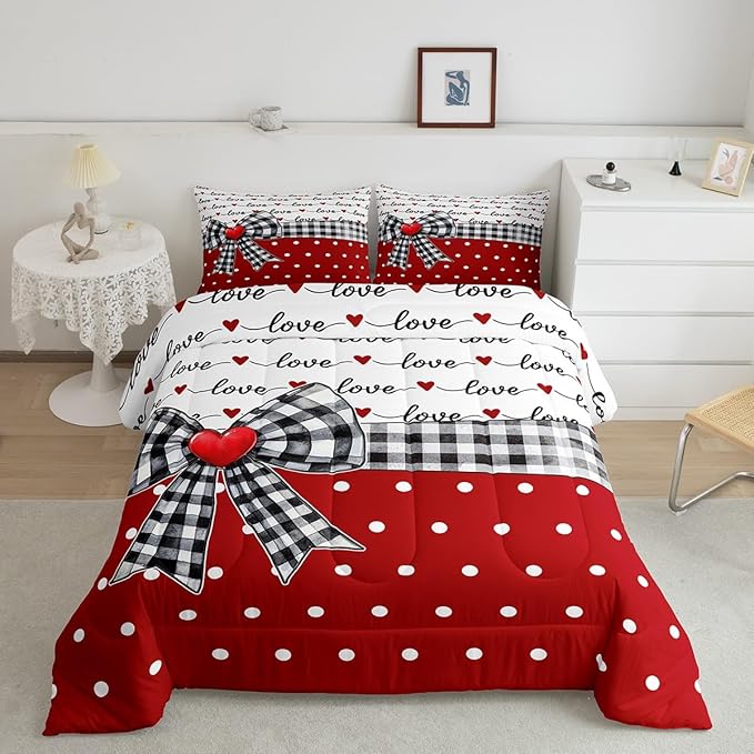 Erosebridal Bowknot Girls Bedding Comforter Sets Plaid Bow Tie Bedding Set Romantic Princess Style White Dots Comforter Set King for Kids Teen Women,Red Black Dreamy Quilt Duvet 2 Pillow Cases