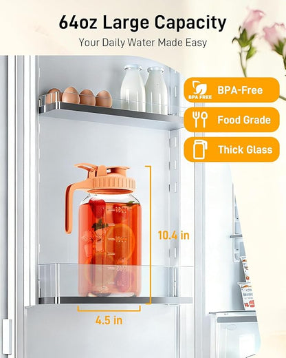 64 oz Glass Pitcher with Lid, Large Wide Mouth Mason Jar with Pour Spout, Orange Sun Tea Glass Jar for Outside, Lemonade Pitcher Great for Drink, Cold Beverages and Breast Milk