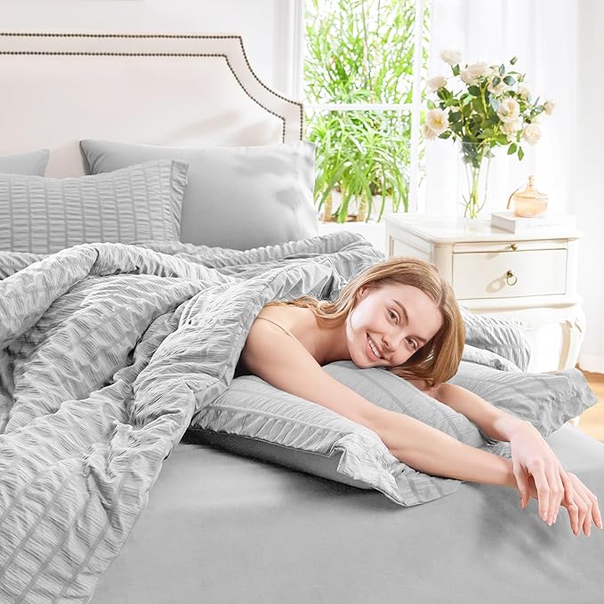 CozyLux Full Bed in a Bag Light Grey Seersucker Textured Comforter Set with Sheets 7-Pieces All Season Bedding Sets with Comforter, Pillow Sham, Flat Sheet, Fitted Sheet and Pillowcase