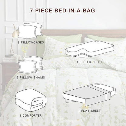 Joyreap 7 Piece Bed in a Bag King, Green Leaves Yellow Flower Botanical Design, Smooth Soft Microfiber Comforter Set (1 Comforter, 2 Pillow Shams, 1 Flat Sheet, 1 Fitted Sheet, 2 Pillowcases)