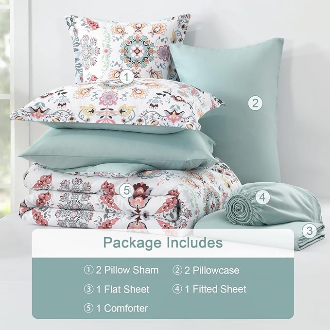 Boho Comforter Set King - 7 Pieces Bed in a Bag Floral Design, Bohemian Comforter Set with Sheets, Soft Microfiber Complete Bedding Sets All Season (Light Green, King)