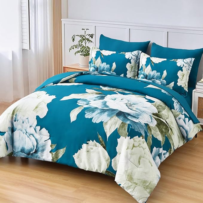 Dobuyly Teal Comforter Set Queen 7 Piece Bed in a Bag, Teal Blue Floral Printed Comforter Set with Sheets, Soft Microfiber Botanical Complete Bedding Set for All Season