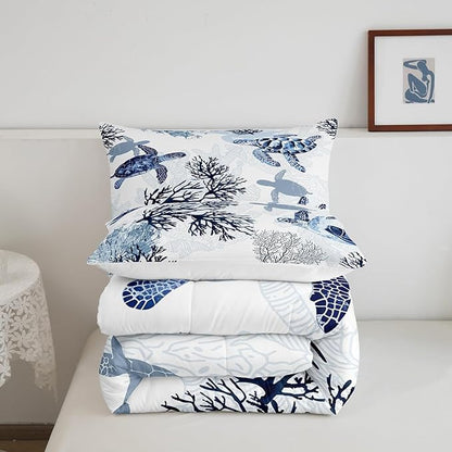 Erosebridal Turtle Comforter Set Queen White Blue Sea Turtle Bedding Set for Kids,Reptile Coastal Tortoise Quilt Hawaiian Beach Theme Comforter for Boys Girls Room