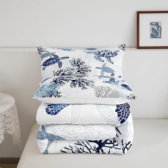 Erosebridal Hawaiian Turtle Bedding Set King Size Retro Sea Turtle Comforter, Reptile Tortoise Duvet Quilt Set for Boys Girls White Blue Coastal Beach Theme Marine Life Bedroom Decor