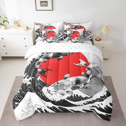 Erosebridal Mount Fuji Bed in a Bag Full Size Japanese Style Koi Fish Duvet Insert Ukiyo-E Theme 7 Piece Comforter Set Mountain Cherry Blossom Red Sun Ink Painting Flat Fitted Sheet,Black White