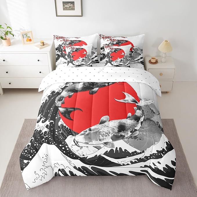 Erosebridal Mount Fuji Bed in a Bag Twin Size Japanese Style Koi Fish Duvet Insert Ukiyo-E Theme 7 Piece Comforter Set Mountain Cherry Blossom Red Sun Ink Painting Flat Fitted Sheet,Black White