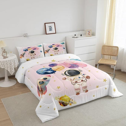 Cute Astronaut Kids Comforter Set Queen Size,Colorful Cute Planet Balloon Rocket Reversible Bedding Set for Boys Girls,Stars Cartoon Space Pink White Luxury Bed Duvet Insert, 2 Pillowcases