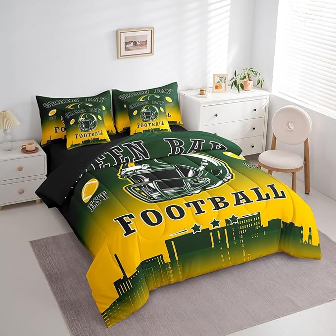 Erosebridal Football Twin Boys 7 Piece Bedding Set American Soccer City Comforter Set with Sheets Rugby Sports Games Bed in A Bag for Kids Teen Adults,Green Yellow Soft Warm Bed Set