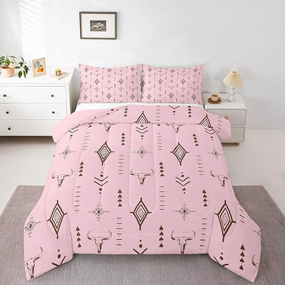 Feelyou Pink Western Bull Skull Comforter Set Boho Ethnic Horns Full Size Bedding Set Kids Adult Tribal Symbol Mysterious Aztec Comforter Soft