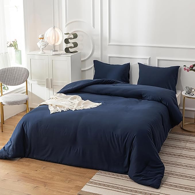 Cottonight Navy Blue Comforter Set Twin Men Boys Navy Bedding Set Dark Blue Comforter Set Breathable Soft Quilts Blanket Dark Color Modern Solid Color Pure Blue Bedding Sets for Twin Bed