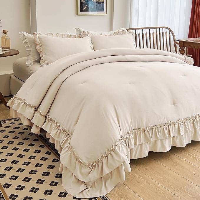 AIKASY Camel Ruffle Comforter Set Queen, 3 Pieces Vintage Ruffle Fringe Comforter, Farmhouse Rustic Microfiber Down Alternative Bedding (1 Comforter + 2 Pillow Shams)