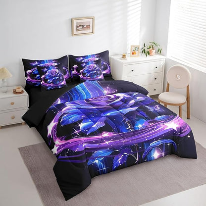 Erosebridal Purple Blue Rose King Bed in a Bag 7 Piece,Romantic Flower Rose Comforter Set with Sheets,Trippy Butterfly Floral Bedding Set Wedding Valentines Day Gifts for Women Girls Girlfriend