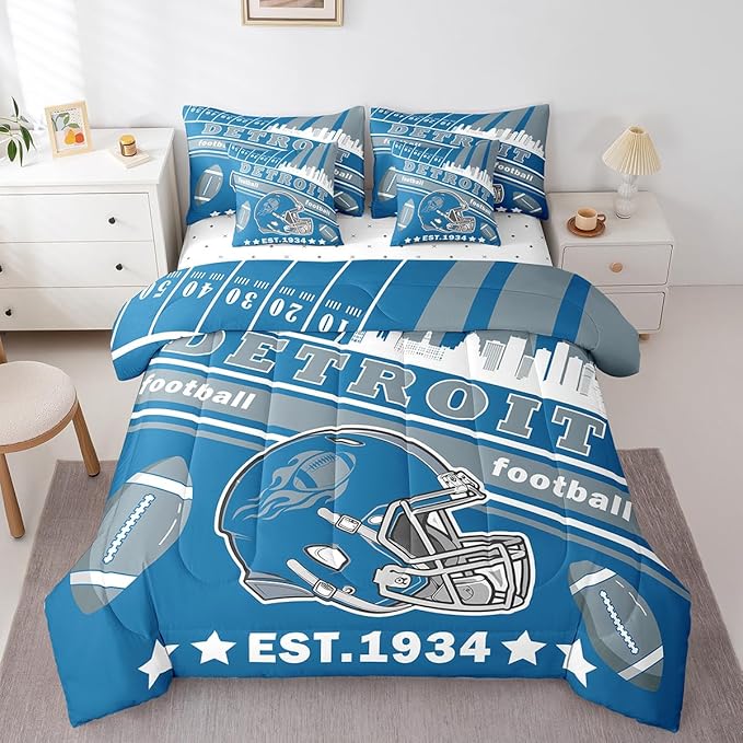 Feelyou Football 7 Pieces Comforter Sets King Size Kids Rugby Sports Bedding Set for Boys Kids Teen Sports Theme Football City Bed in a Bag with Comforter, Sheets, Pillowcases & Cushion Cover