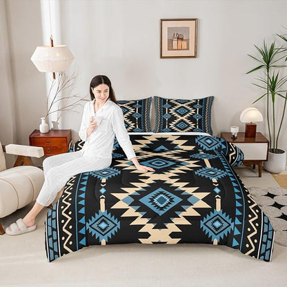 Feelyou Western Comforter Set Blue Black Southwestern Aztec King Size Bedding Set Country Tribal Native American Rustic Duvet Quilt