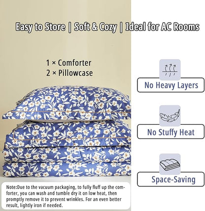 Navy Floral Cotton Comforter Queen Size 3PC - Elegant White Flowers Pattern on Blue，Taupe Back, Lightweight Bedding Sets with Ultra-Soft Alternative Fill, (1 Comforter, 2 Pillowshams)