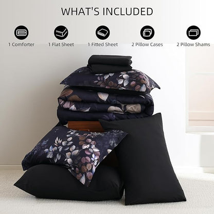 Xruibed Black Comforter Set King Size 7 Pieces Bed in a Bag, Botanical Floral Print Bed Sets, Elegant Flower Comforter with Sheet Set, Soft Microfiber Bedding Set for All Season (Black, 104"x90")