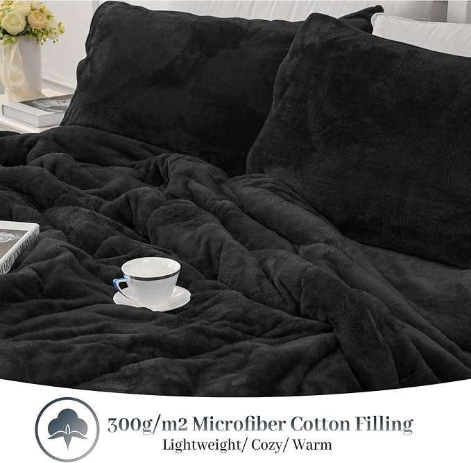 YIYEA Fluffy King Size Comforter Set, Luxury Faux Fur Comforter, Ultra Soft Plush Fuzzy Velvet Bedding Comforter Sets for Fall Winter, Cozy Warmth, No Shedding, 3PC, King, Black