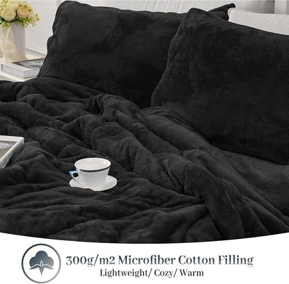 YIYEA Fluffy Queen Size Comforter Set, Luxury Faux Fur Comforter, Ultra Soft Plush Fuzzy Velvet Bedding Comforter Sets for Fall Winter, Cozy Warmth, No Shedding, 3PC, Queen, Black