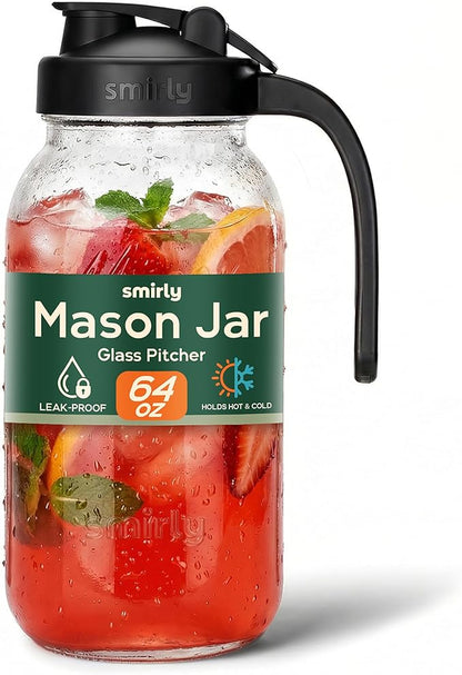 SMIRLY 64 oz Mason Jar Pitcher,Glass Pitcher with Wide Mouth,Water Jug with Double Leak Proof Lid for Iced Coffee,Hot Water,Breast Milk